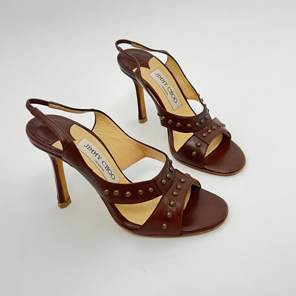 Jimmy Choo | Brown Leather Metal Studs Stitching Slingback Stiletto Heels (35)