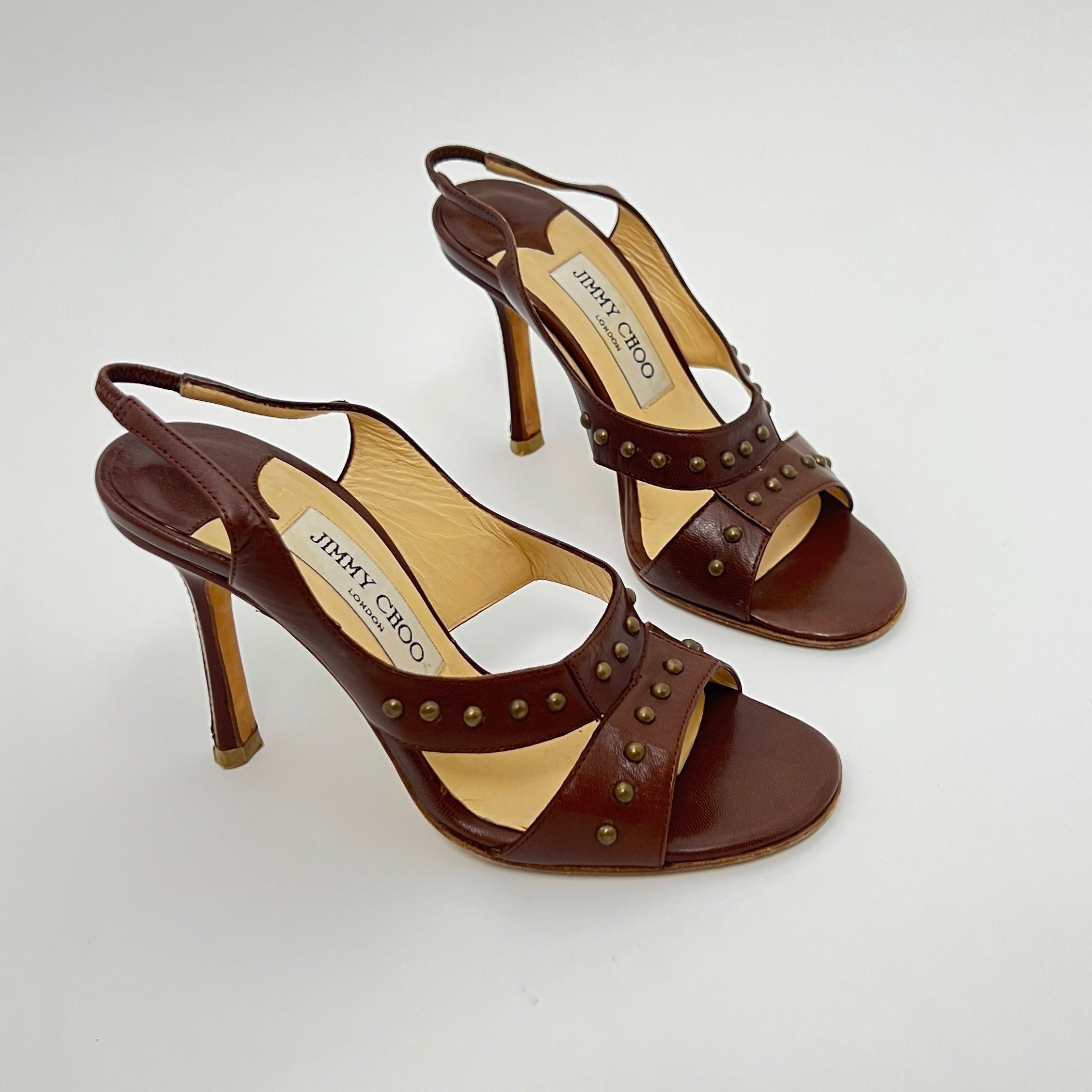 Jimmy Choo | Brown Leather Metal Studs Stitching Slingback Stiletto Heels (35)