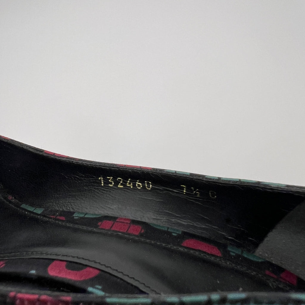 Gucci | GG Monogram Horse Bit Black Pink Blue Rhinestone Peep Toe Pumps (38.5)