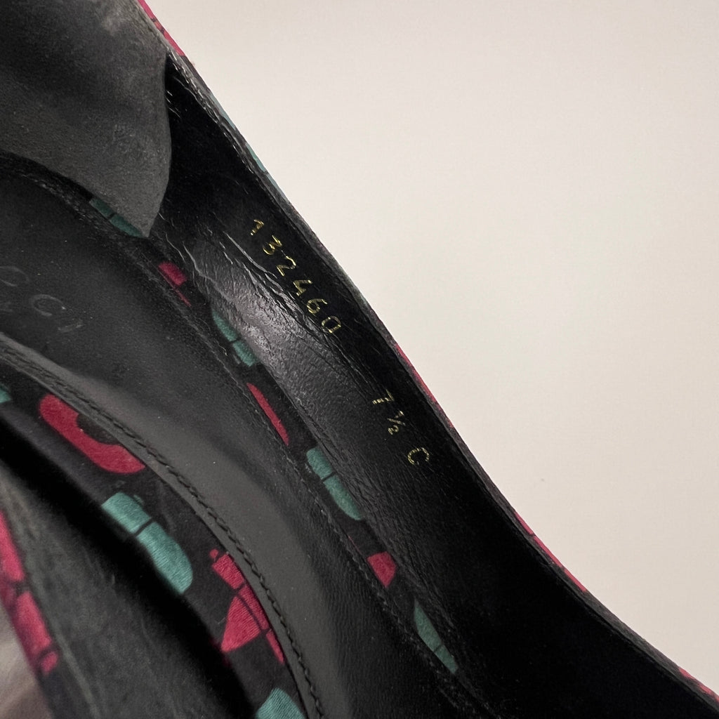 Gucci | GG Monogram Horse Bit Black Pink Blue Rhinestone Peep Toe Pumps (38.5)