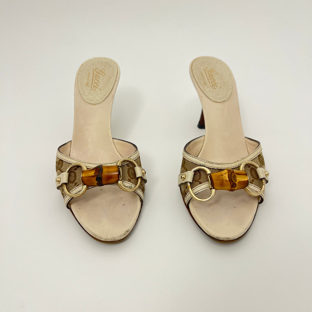Gucci | Bamboo Horse Bit GG Monogram Canvas Leather Beige Mules (34.5)