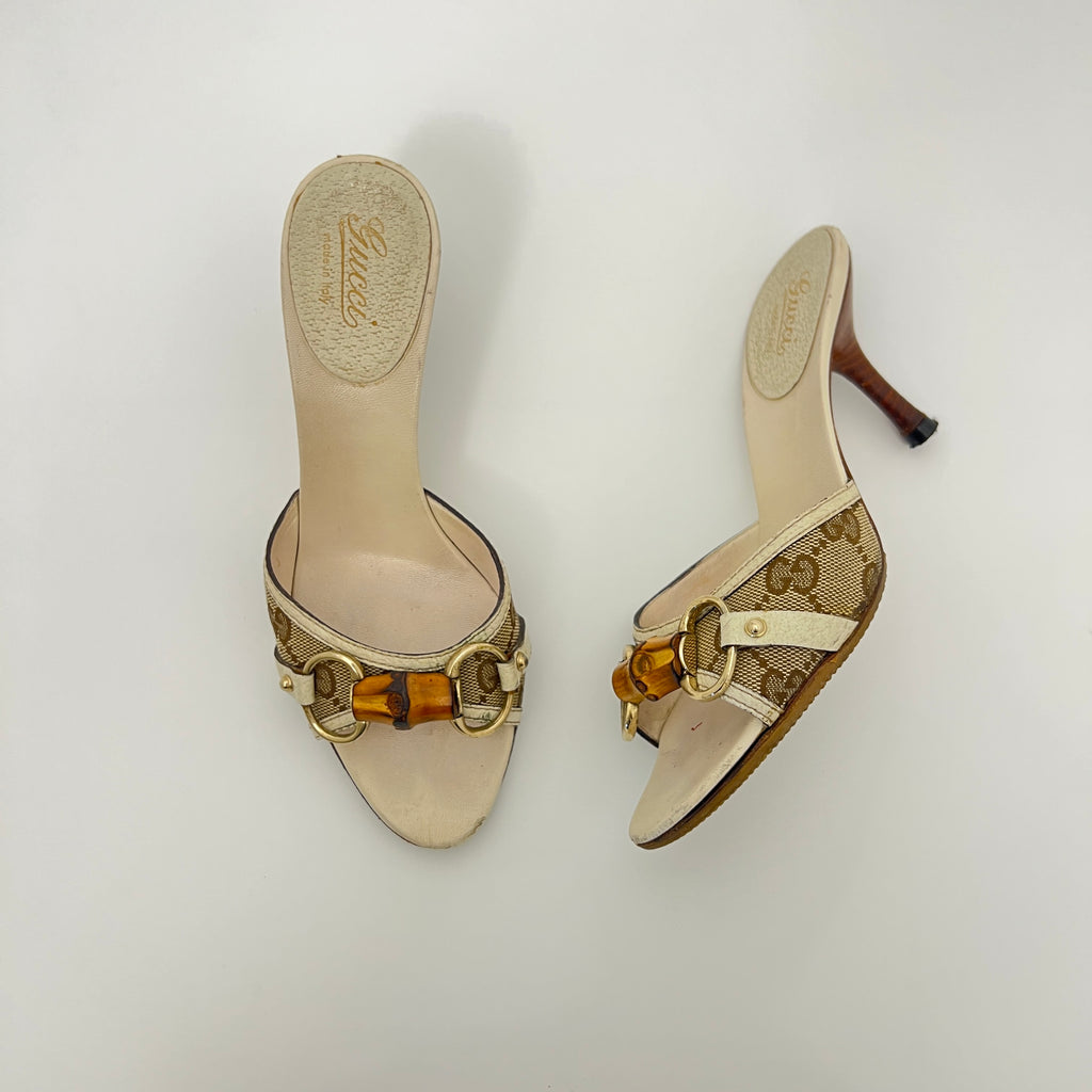 Gucci | Bamboo Horse Bit GG Monogram Canvas Leather Beige Mules (34.5)