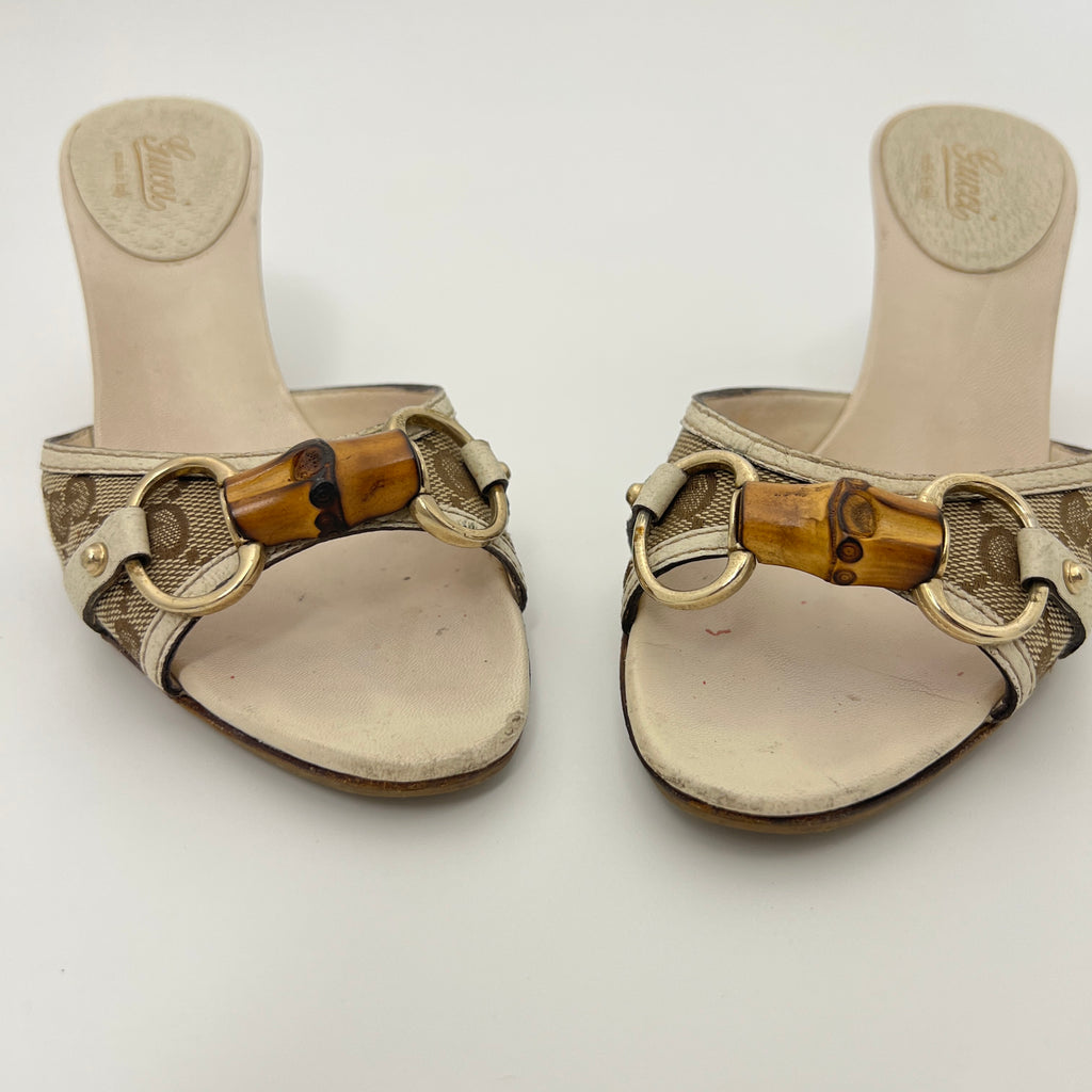 Gucci | Bamboo Horse Bit GG Monogram Canvas Leather Beige Mules (34.5)