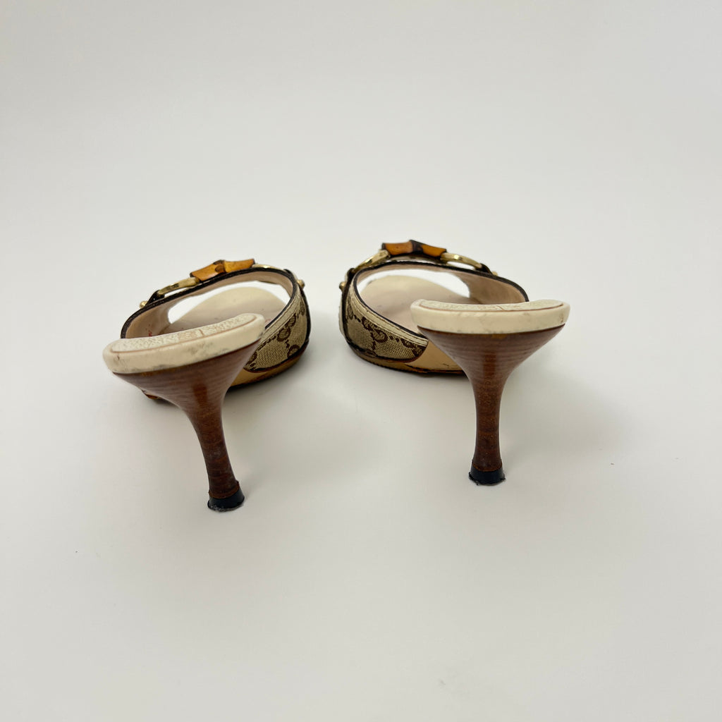 Gucci | Bamboo Horse Bit GG Monogram Canvas Leather Beige Mules (34.5)