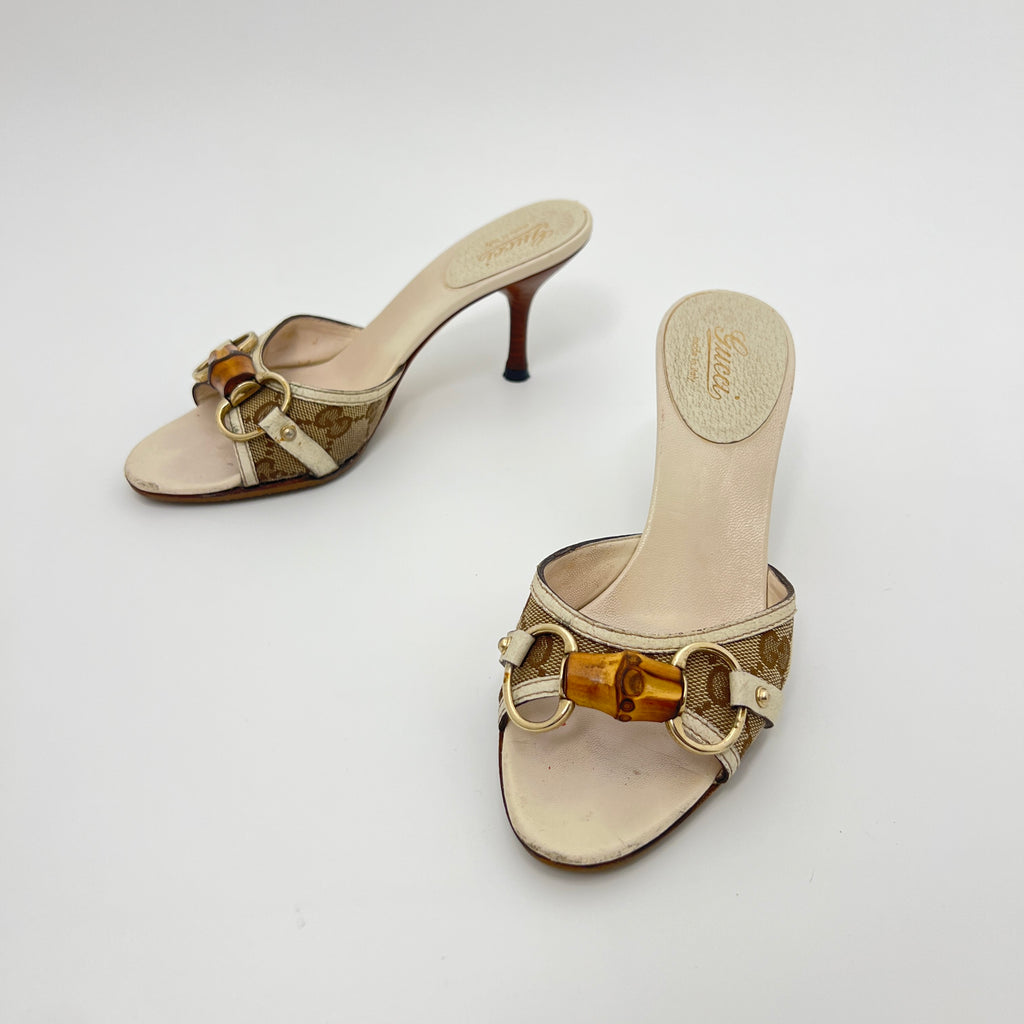 Gucci | Bamboo Horse Bit GG Monogram Canvas Leather Beige Mules (34.5)
