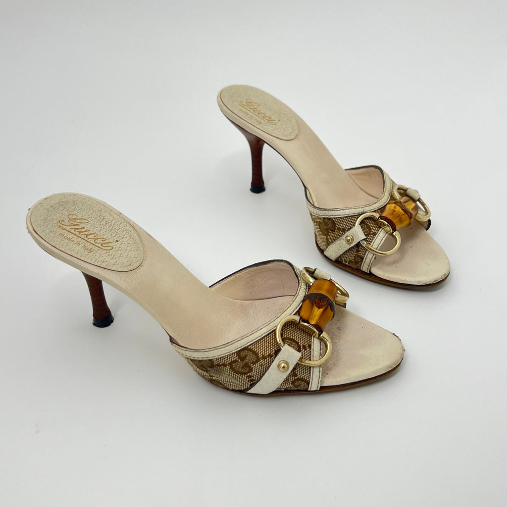 Gucci | Bamboo Horse Bit GG Monogram Canvas Leather Beige Mules (34.5)