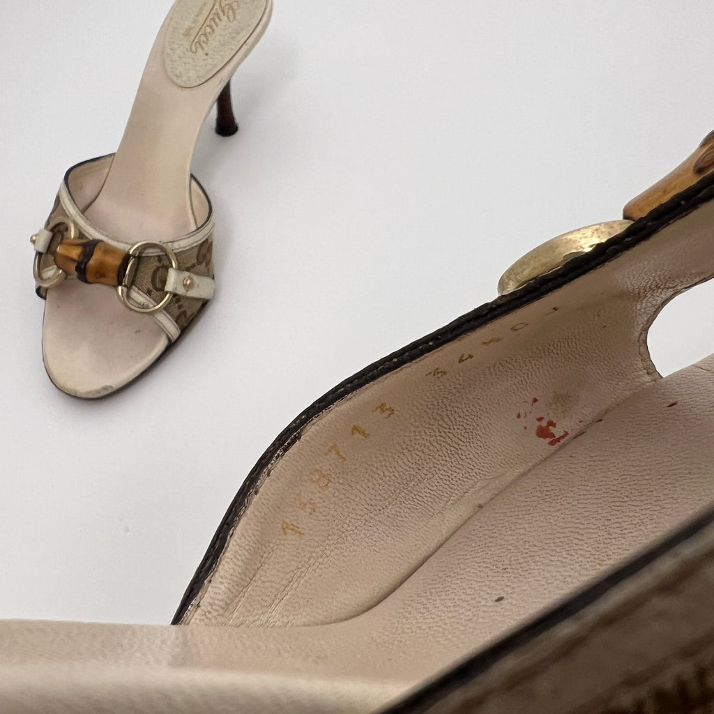 Gucci | Bamboo Horse Bit GG Monogram Canvas Leather Beige Mules (34.5)
