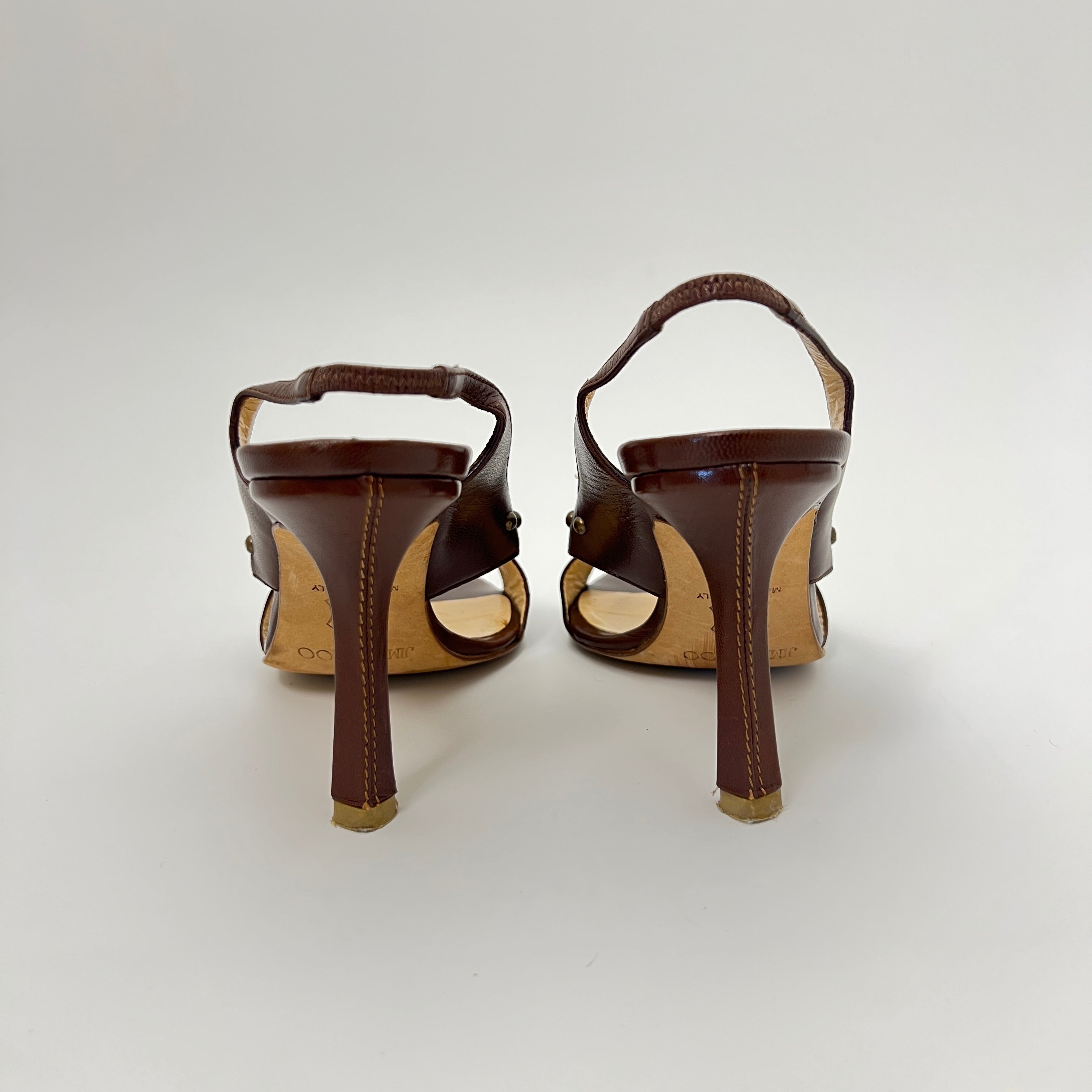 Jimmy Choo | Brown Leather Metal Studs Stitching Slingback Stiletto Heels (35)