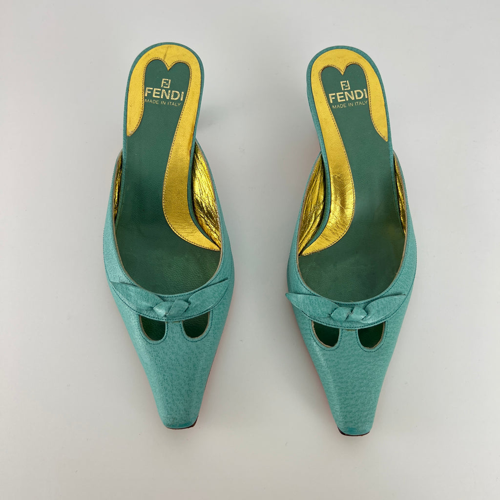 Fendi | Vintage Turquoise Blue Leather Bow Kitten Heel Pointed Toe Mule (35)
