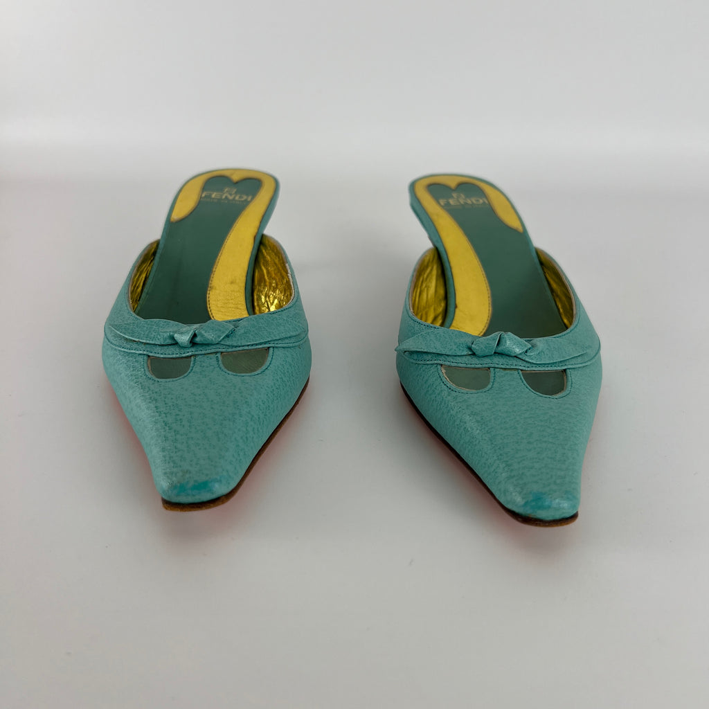 Fendi | Vintage Turquoise Blue Leather Bow Kitten Heel Pointed Toe Mule (35)