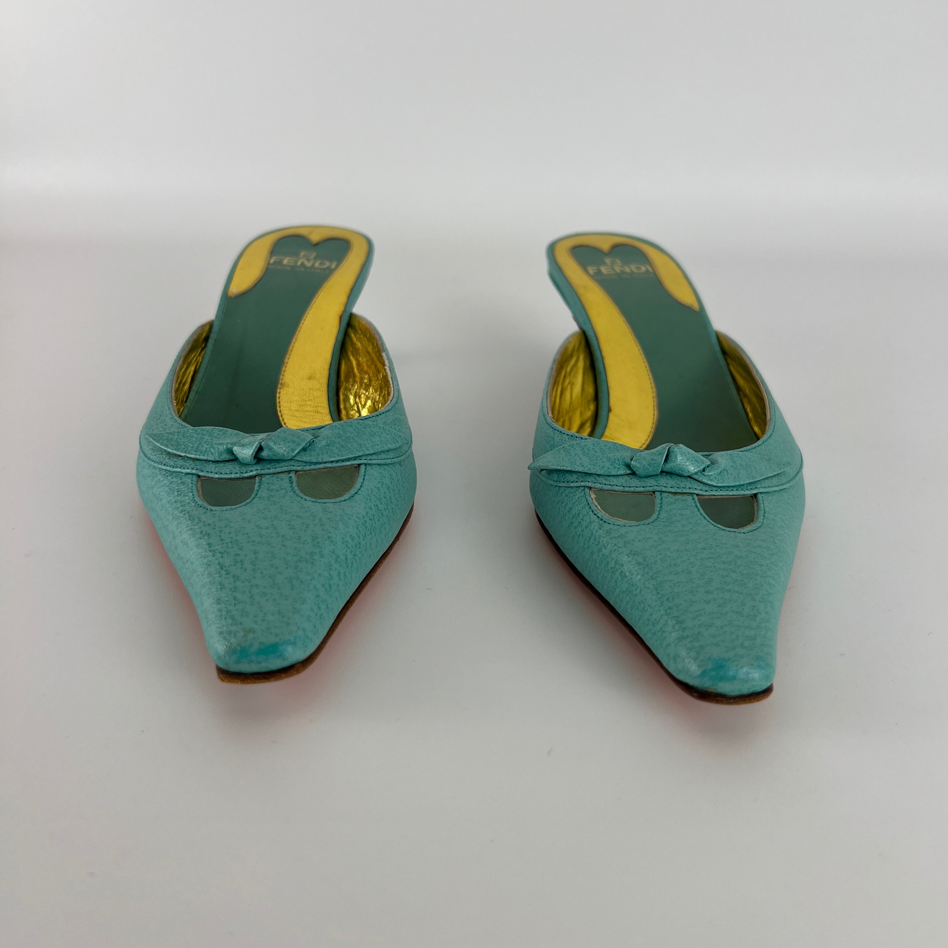 Fendi | Vintage Turquoise Blue Leather Bow Kitten Heel Pointed Toe Mule (35)