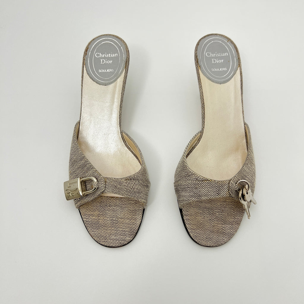 Dior | John Galliano Denim Gray Lock & Key Silver Kitten Mules Rare (35)