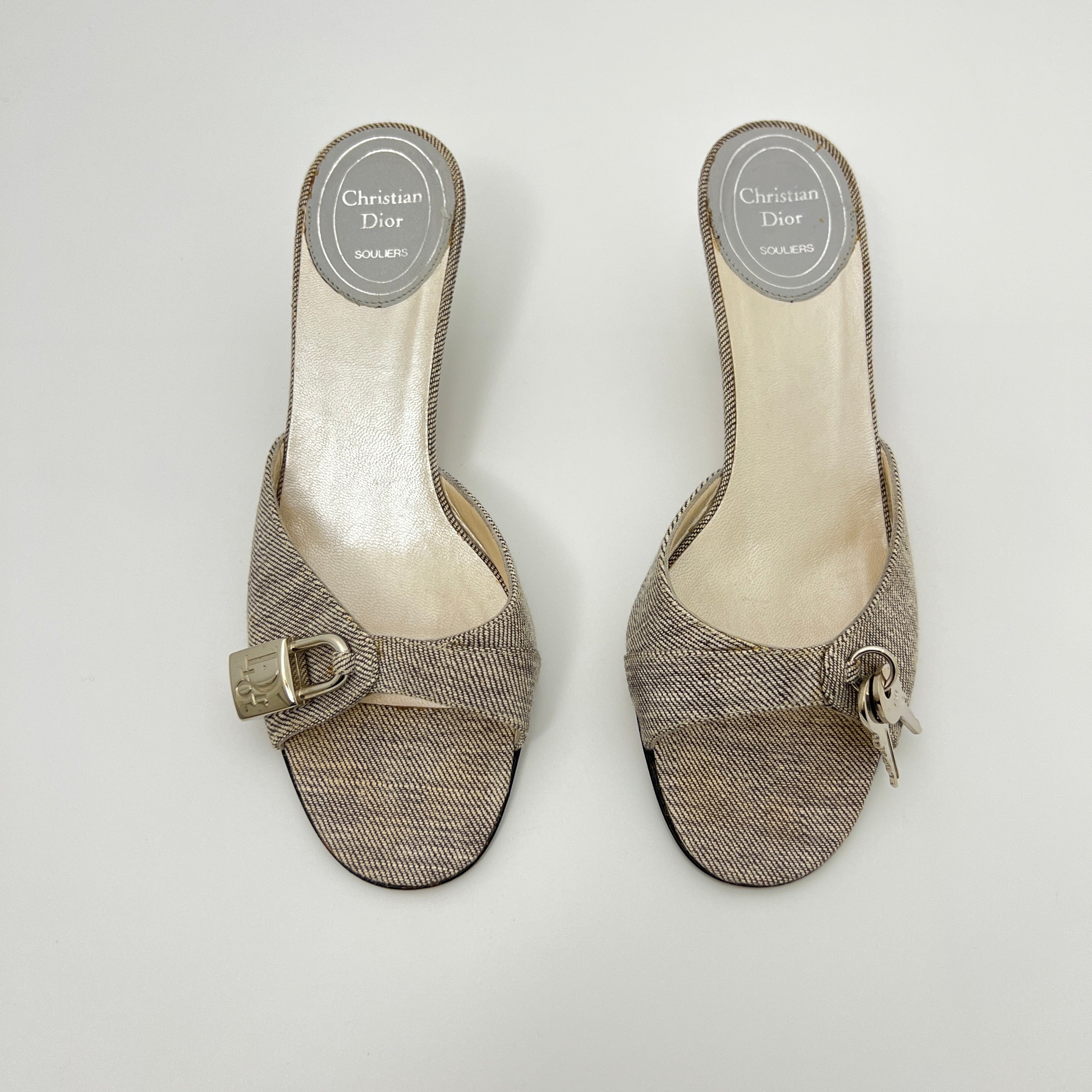 Dior | John Galliano Denim Gray Lock & Key Silver Kitten Mules Rare (35)