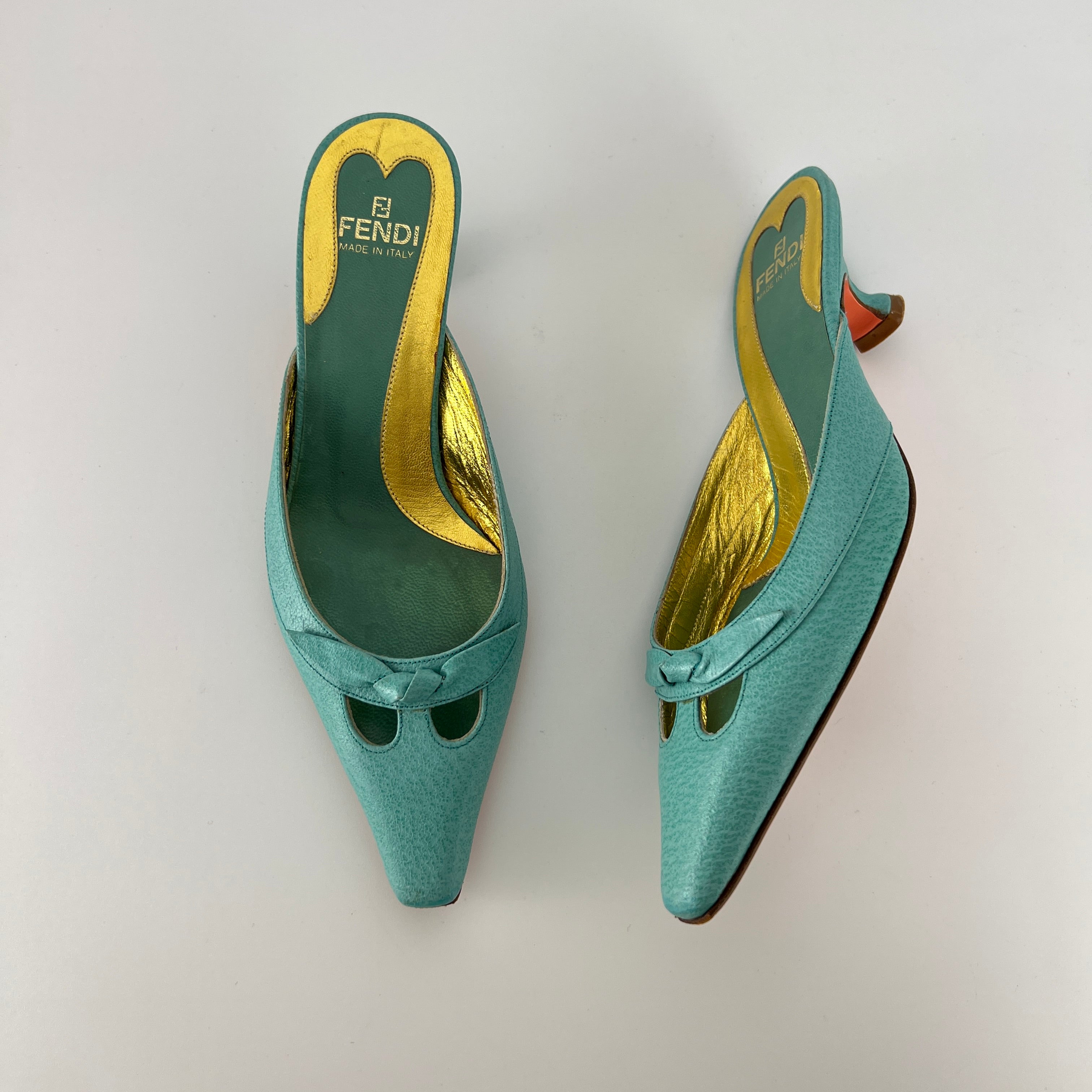Fendi | Vintage Turquoise Blue Leather Bow Kitten Heel Pointed Toe Mule (35)