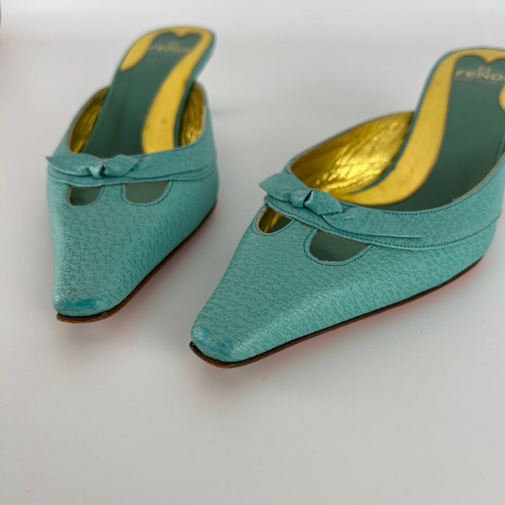 Fendi | Vintage Turquoise Blue Leather Bow Kitten Heel Pointed Toe Mule (35)