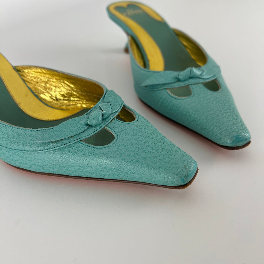 Fendi | Vintage Turquoise Blue Leather Bow Kitten Heel Pointed Toe Mule (35)