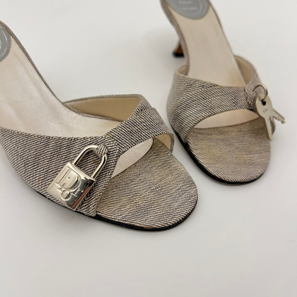 Dior | John Galliano Denim Gray Lock & Key Silver Kitten Mules Rare (35)