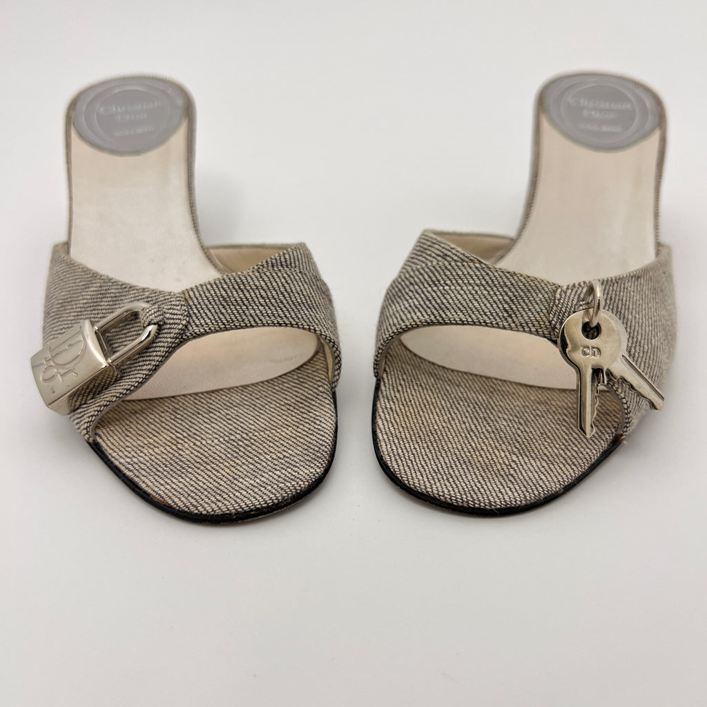 Dior | John Galliano Denim Gray Lock & Key Silver Kitten Mules Rare (35)
