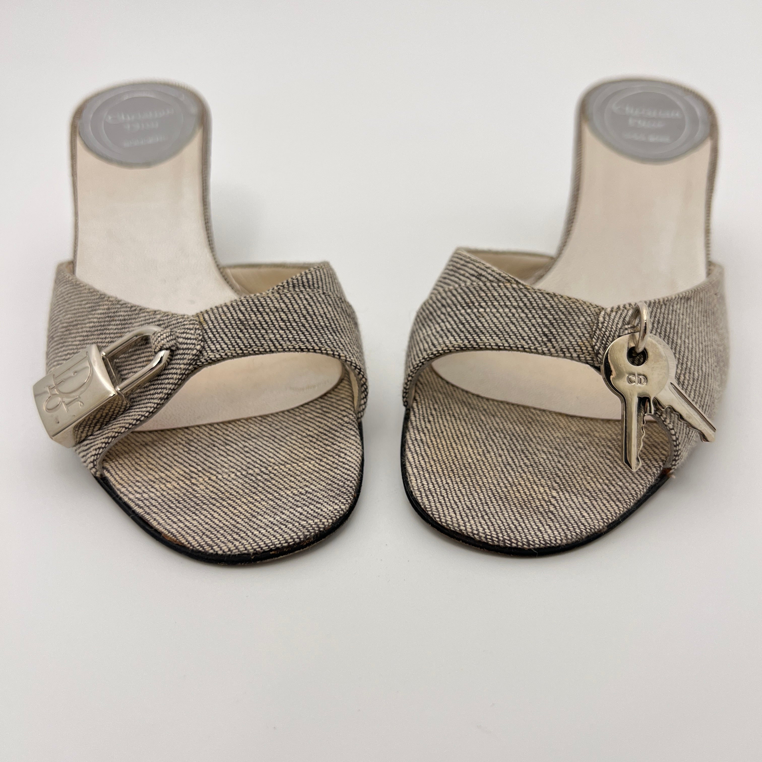 Dior | John Galliano Denim Gray Lock & Key Silver Kitten Mules Rare (35)