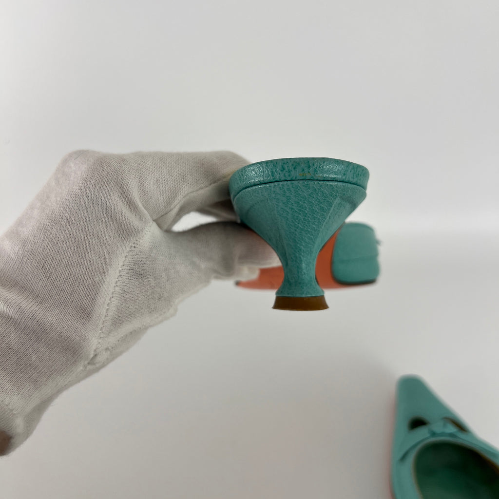 Fendi | Vintage Turquoise Blue Leather Bow Kitten Heel Pointed Toe Mule (35)
