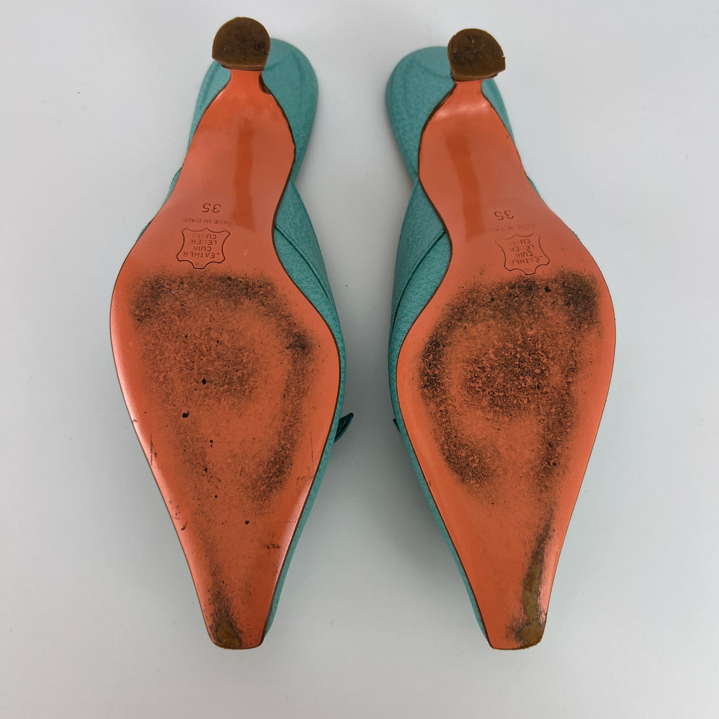 Fendi | Vintage Turquoise Blue Leather Bow Kitten Heel Pointed Toe Mule (35)