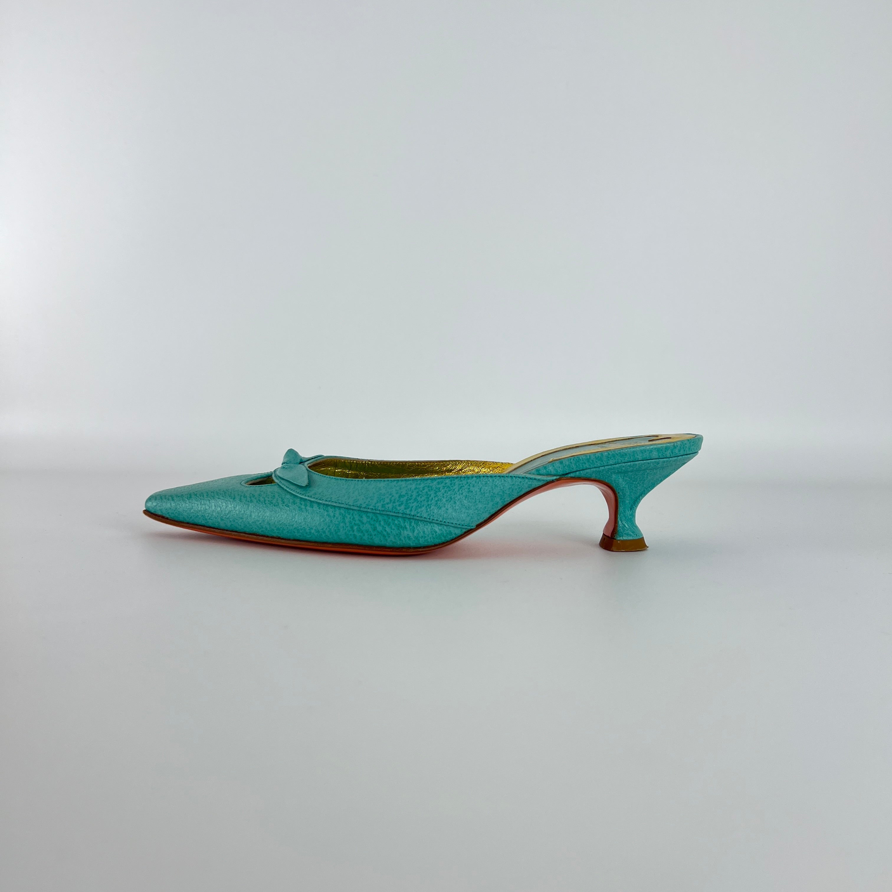 Fendi | Vintage Turquoise Blue Leather Bow Kitten Heel Pointed Toe Mule (35)