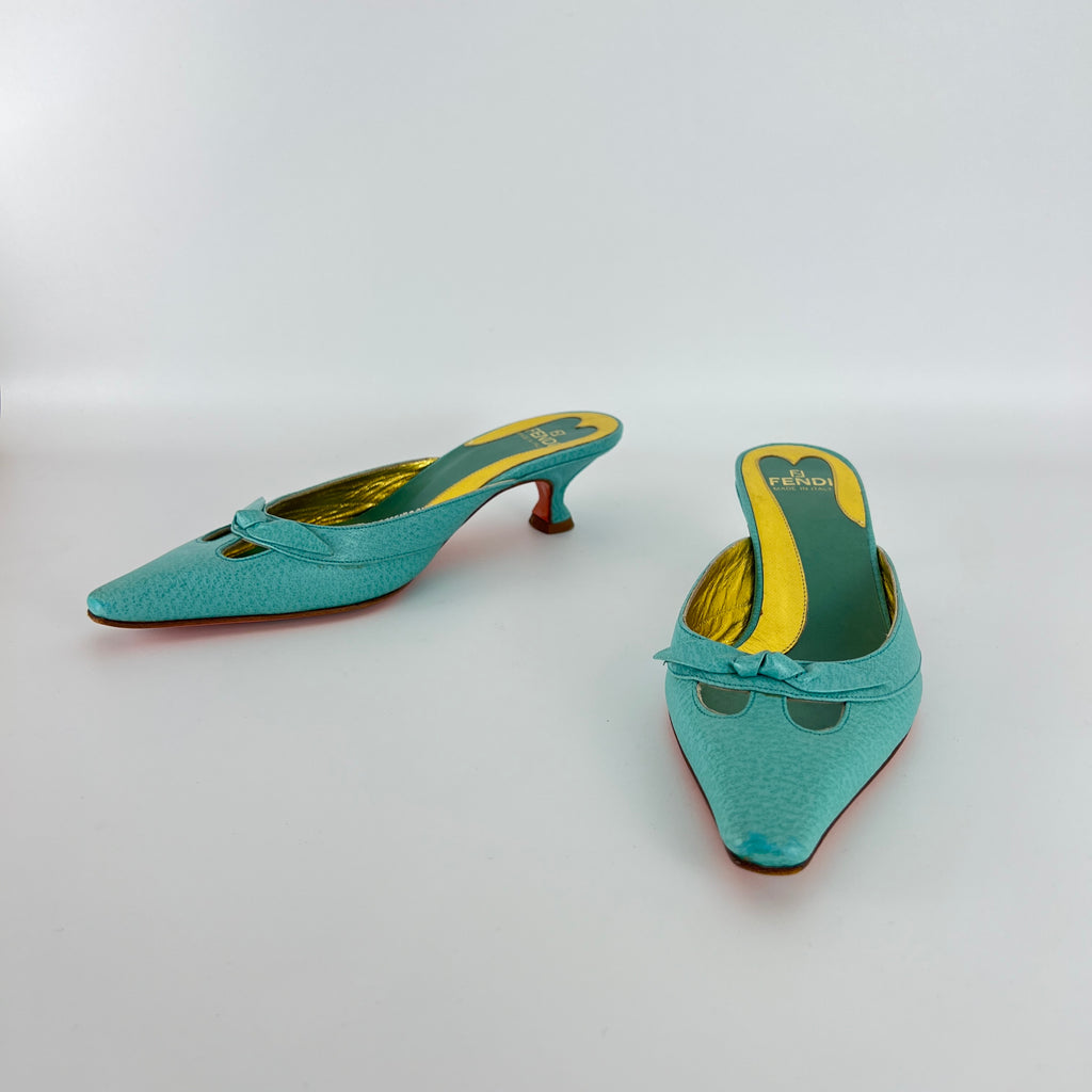 Fendi | Vintage Turquoise Blue Leather Bow Kitten Heel Pointed Toe Mule (35)