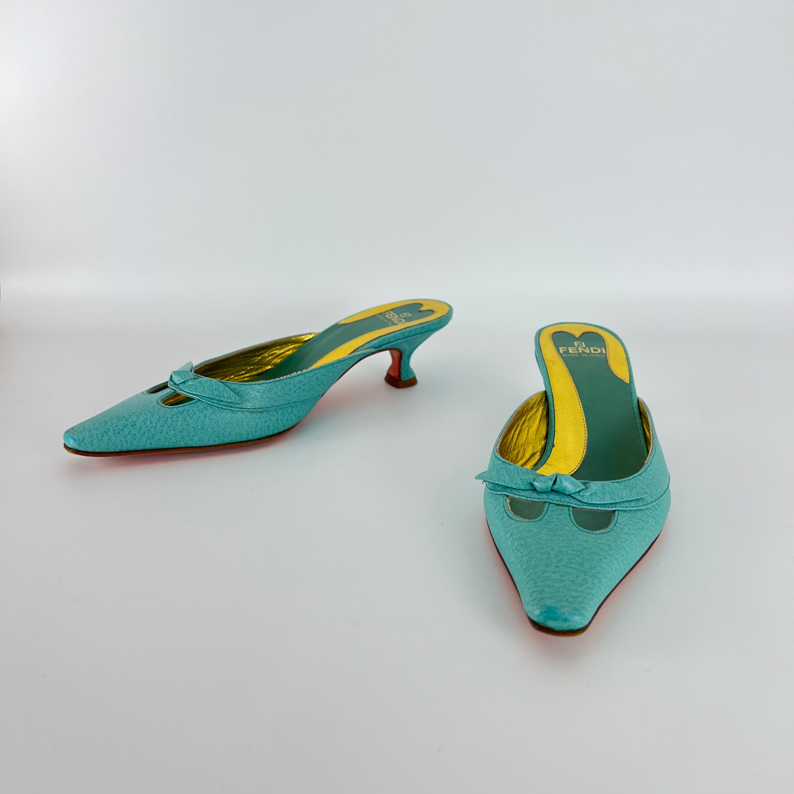 Fendi | Vintage Turquoise Blue Leather Bow Kitten Heel Pointed Toe Mule (35)