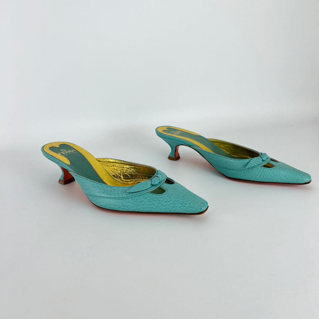 Fendi | Vintage Turquoise Blue Leather Bow Kitten Heel Pointed Toe Mule (35)