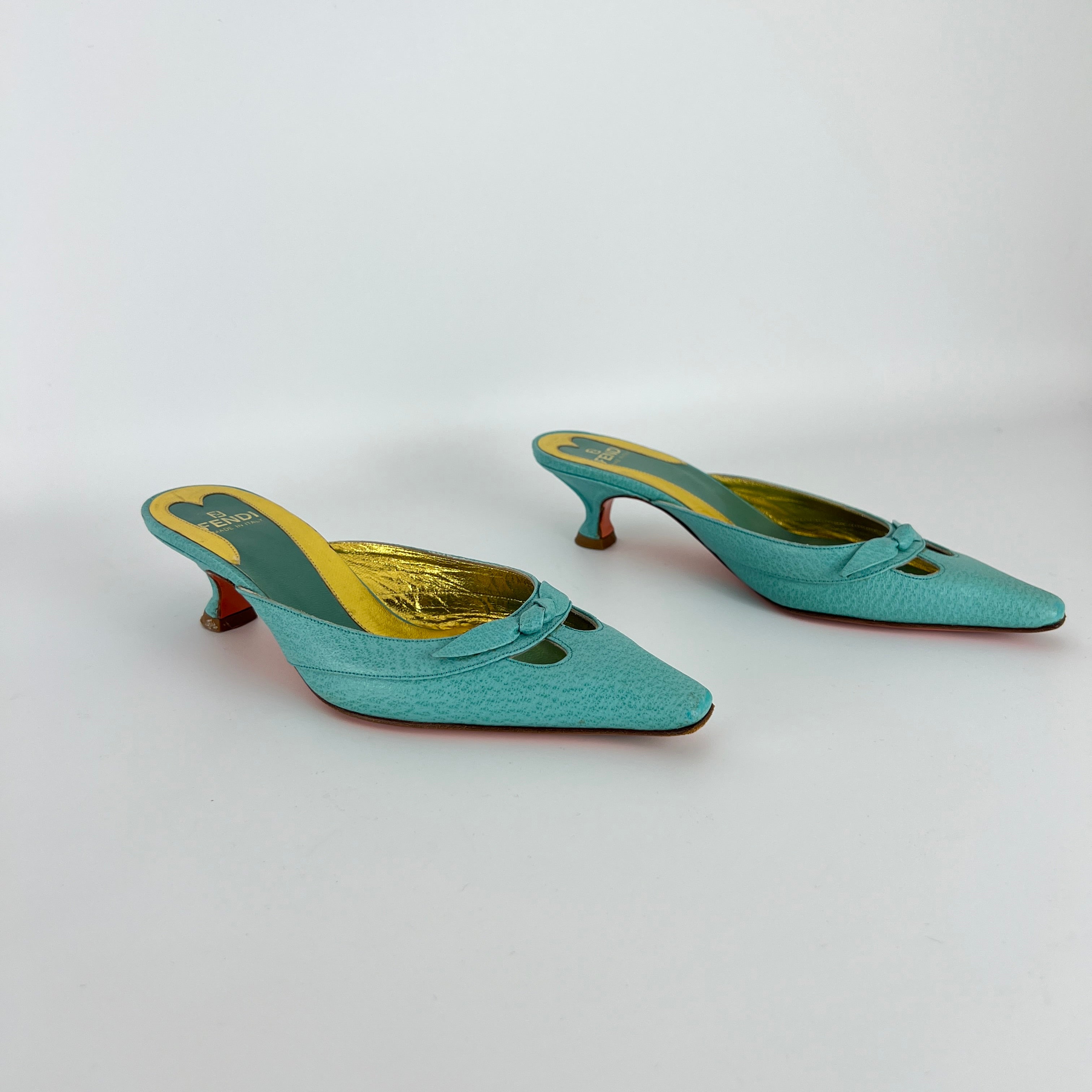 Fendi | Vintage Turquoise Blue Leather Bow Kitten Heel Pointed Toe Mule (35)