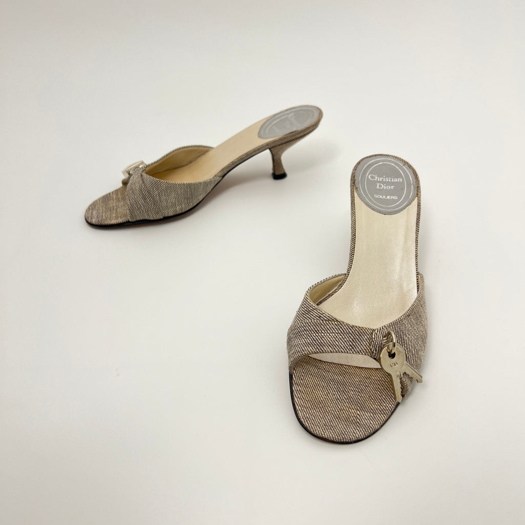 Dior | John Galliano Denim Gray Lock & Key Silver Kitten Mules Rare (35)