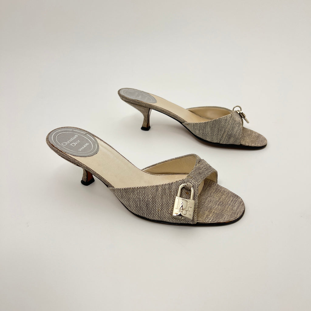 Dior | John Galliano Denim Gray Lock & Key Silver Kitten Mules Rare (35)