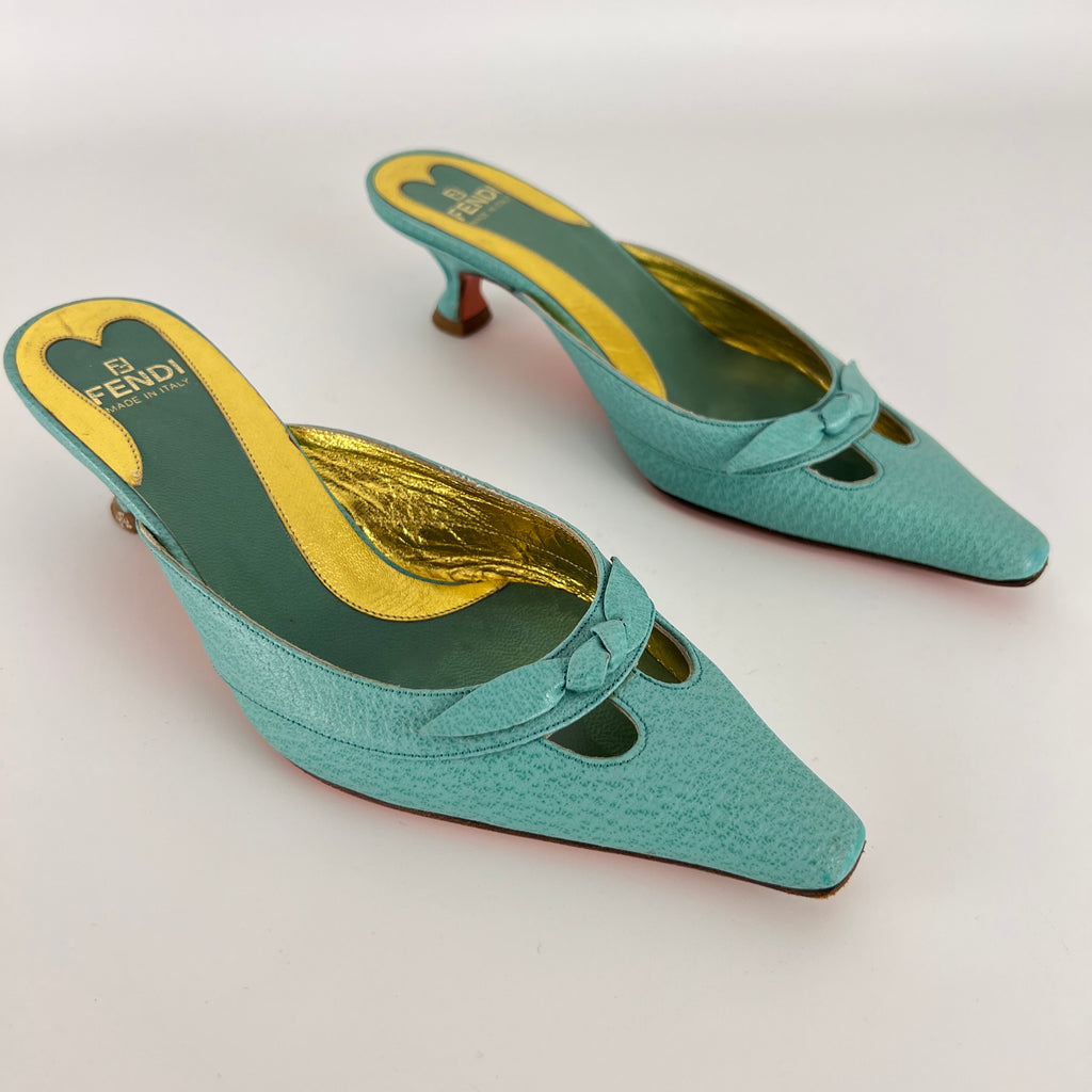 Fendi | Vintage Turquoise Blue Leather Bow Kitten Heel Pointed Toe Mule (35)