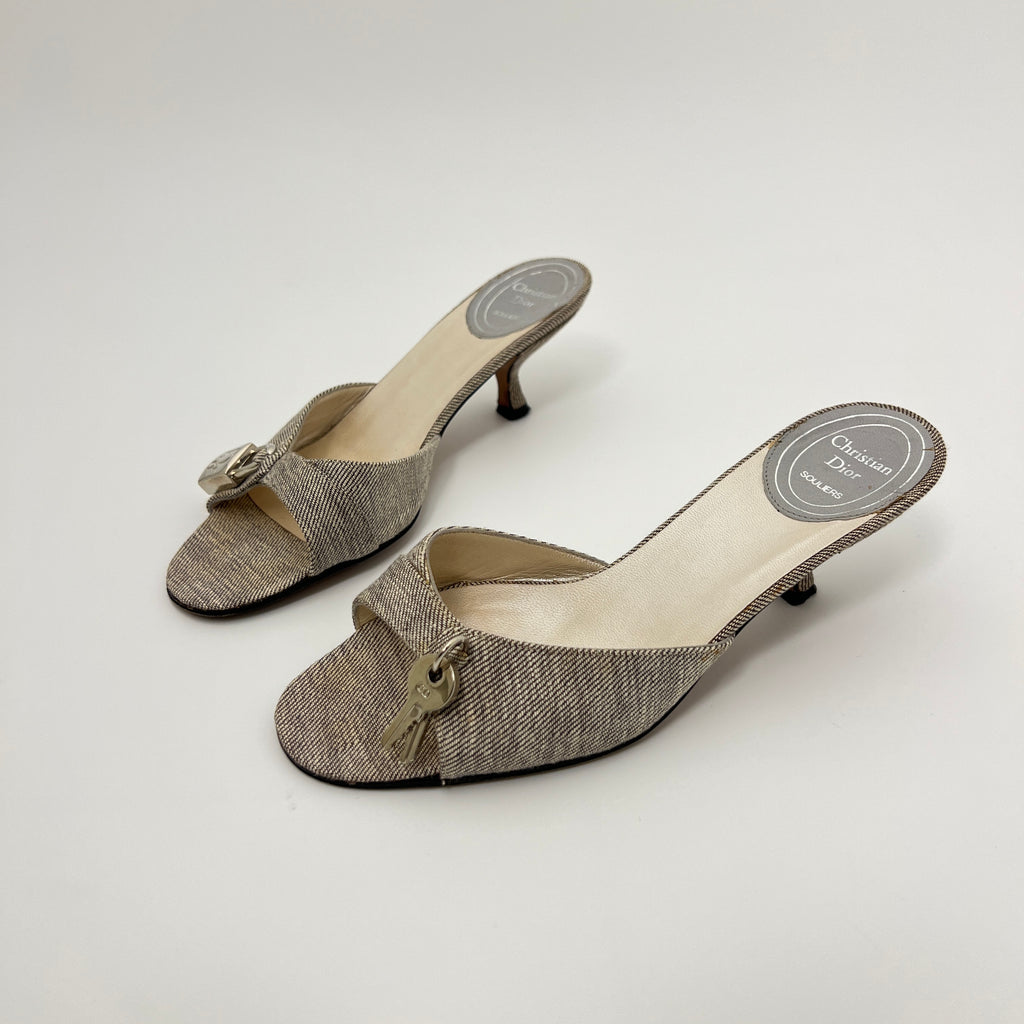 Dior | John Galliano Denim Gray Lock & Key Silver Kitten Mules Rare (35)