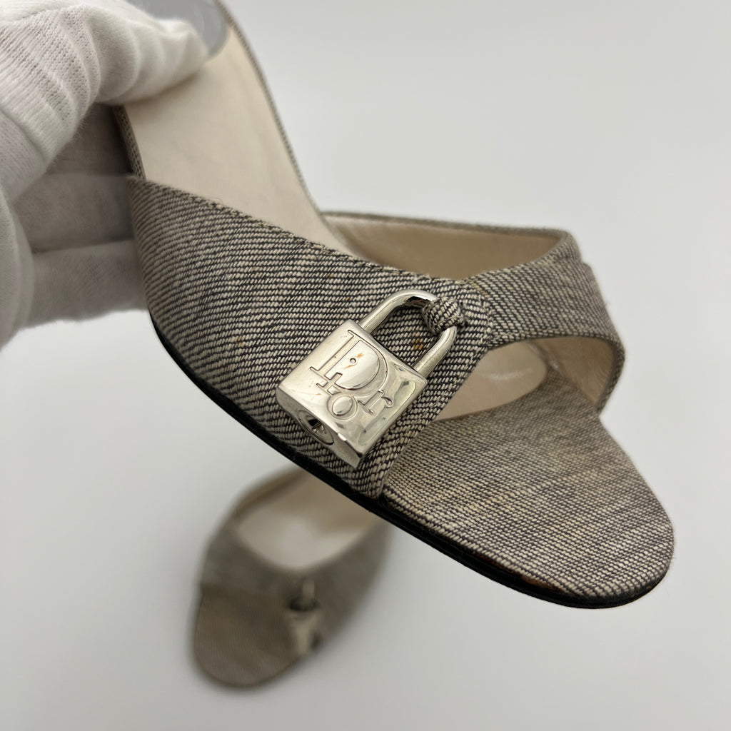 Dior | John Galliano Denim Gray Lock & Key Silver Kitten Mules Rare (35)