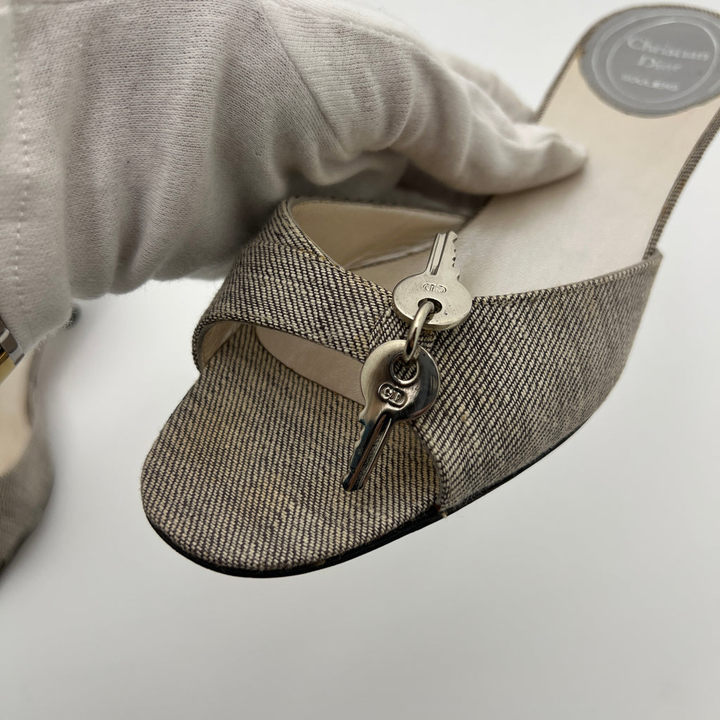Dior | John Galliano Denim Gray Lock & Key Silver Kitten Mules Rare (35)