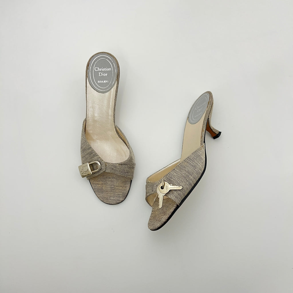 Dior | John Galliano Denim Gray Lock & Key Silver Kitten Mules Rare (35)