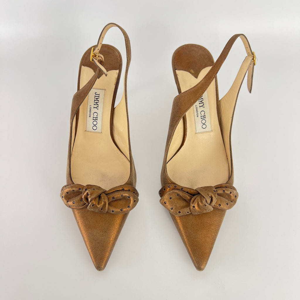 Jimmy Choo | Metallic Gold Bronze Leather Bow Slingback Stiletto Heels (37.5)