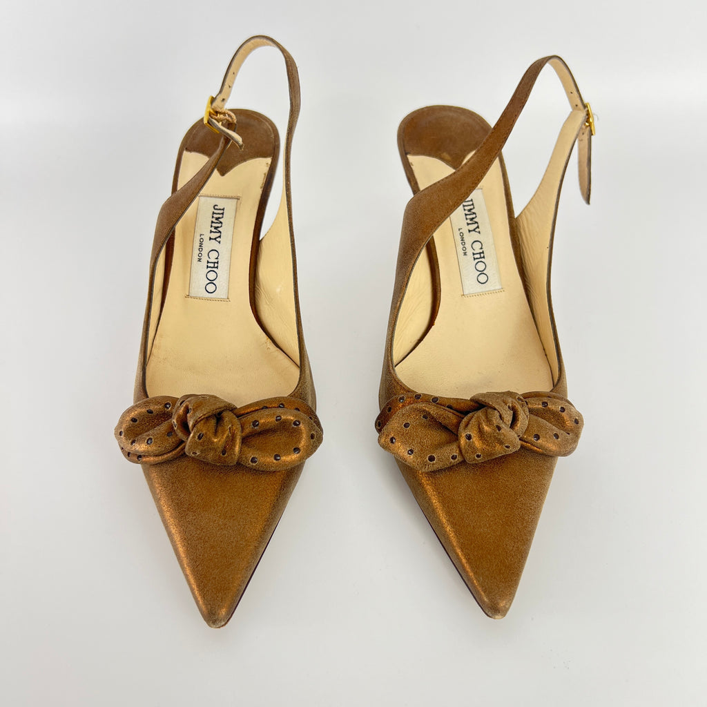 Jimmy Choo | Metallic Gold Bronze Leather Bow Slingback Stiletto Heels (37.5)