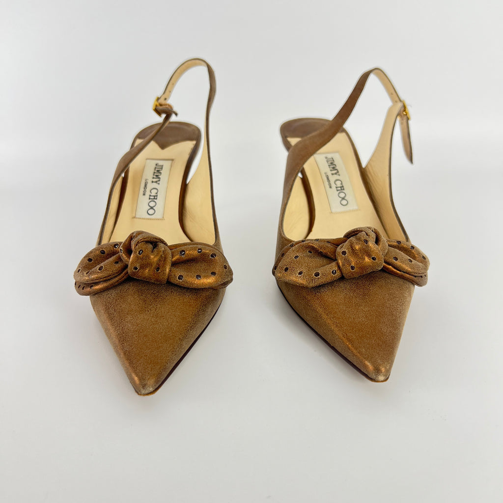 Jimmy Choo | Metallic Gold Bronze Leather Bow Slingback Stiletto Heels (37.5)