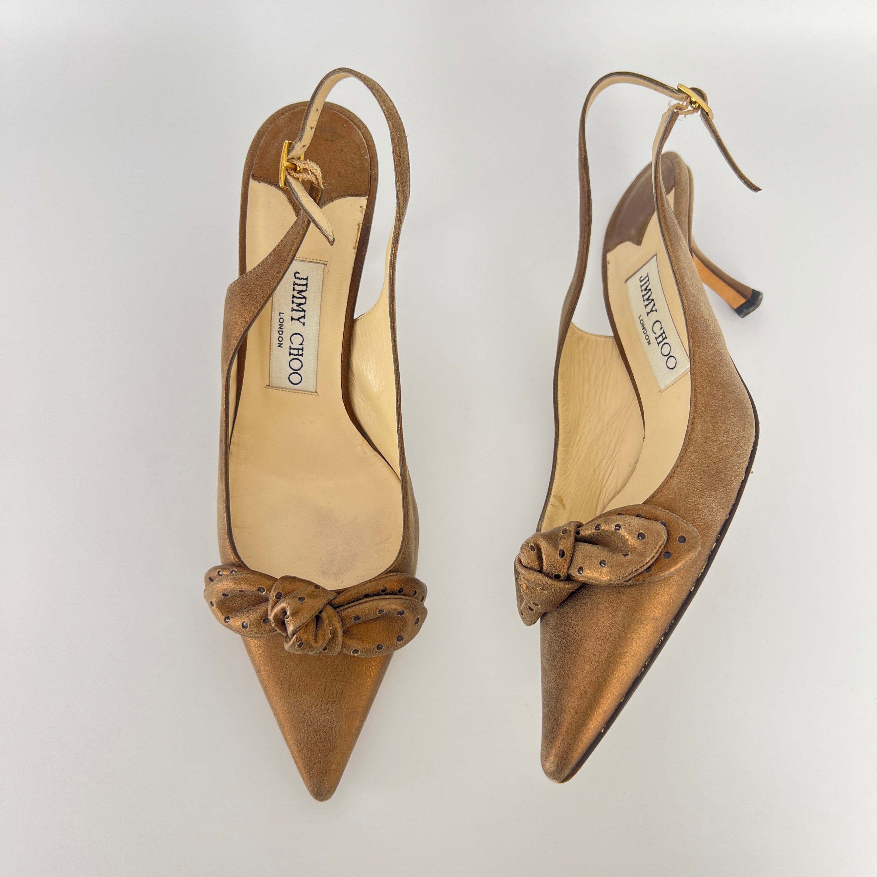 Jimmy Choo | Metallic Gold Bronze Leather Bow Slingback Stiletto Heels (37.5)