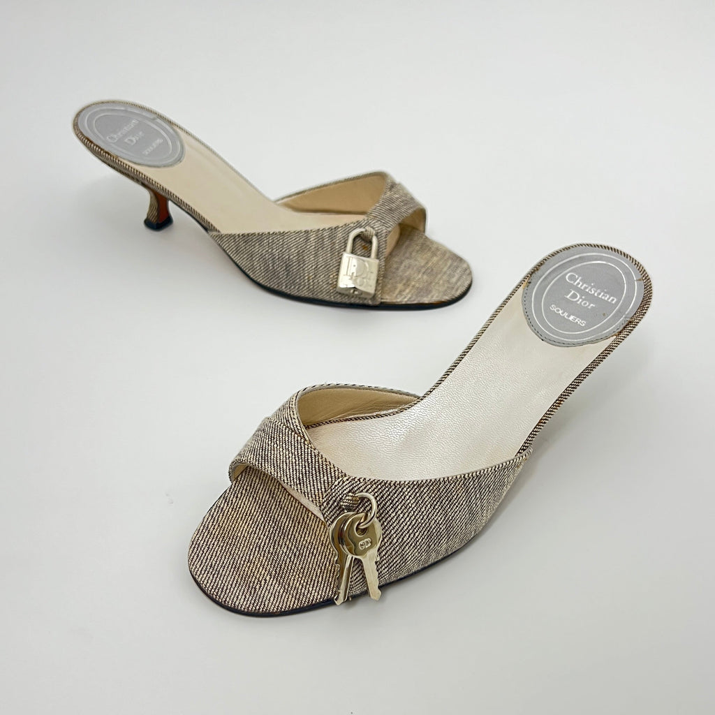 Dior | John Galliano Denim Gray Lock & Key Silver Kitten Mules Rare (35)