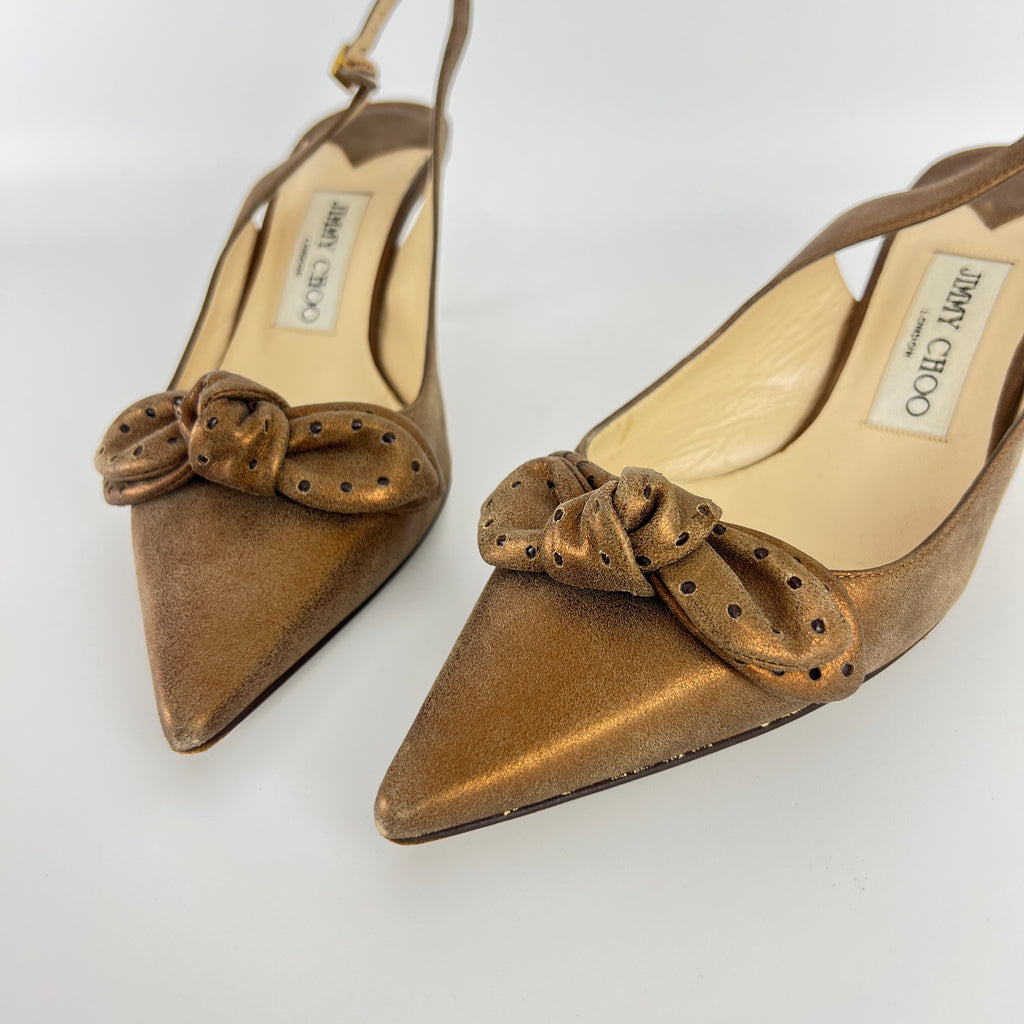 Jimmy Choo | Metallic Gold Bronze Leather Bow Slingback Stiletto Heels (37.5)