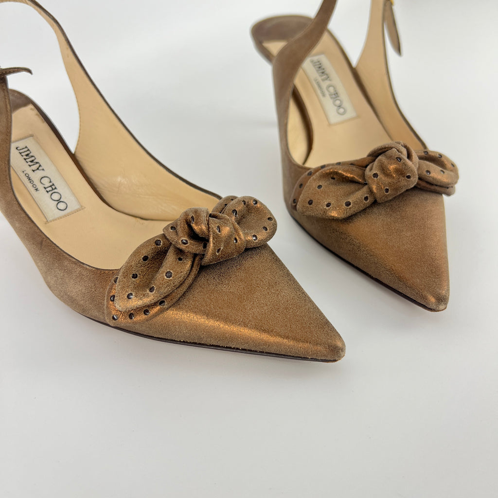 Jimmy Choo | Metallic Gold Bronze Leather Bow Slingback Stiletto Heels (37.5)