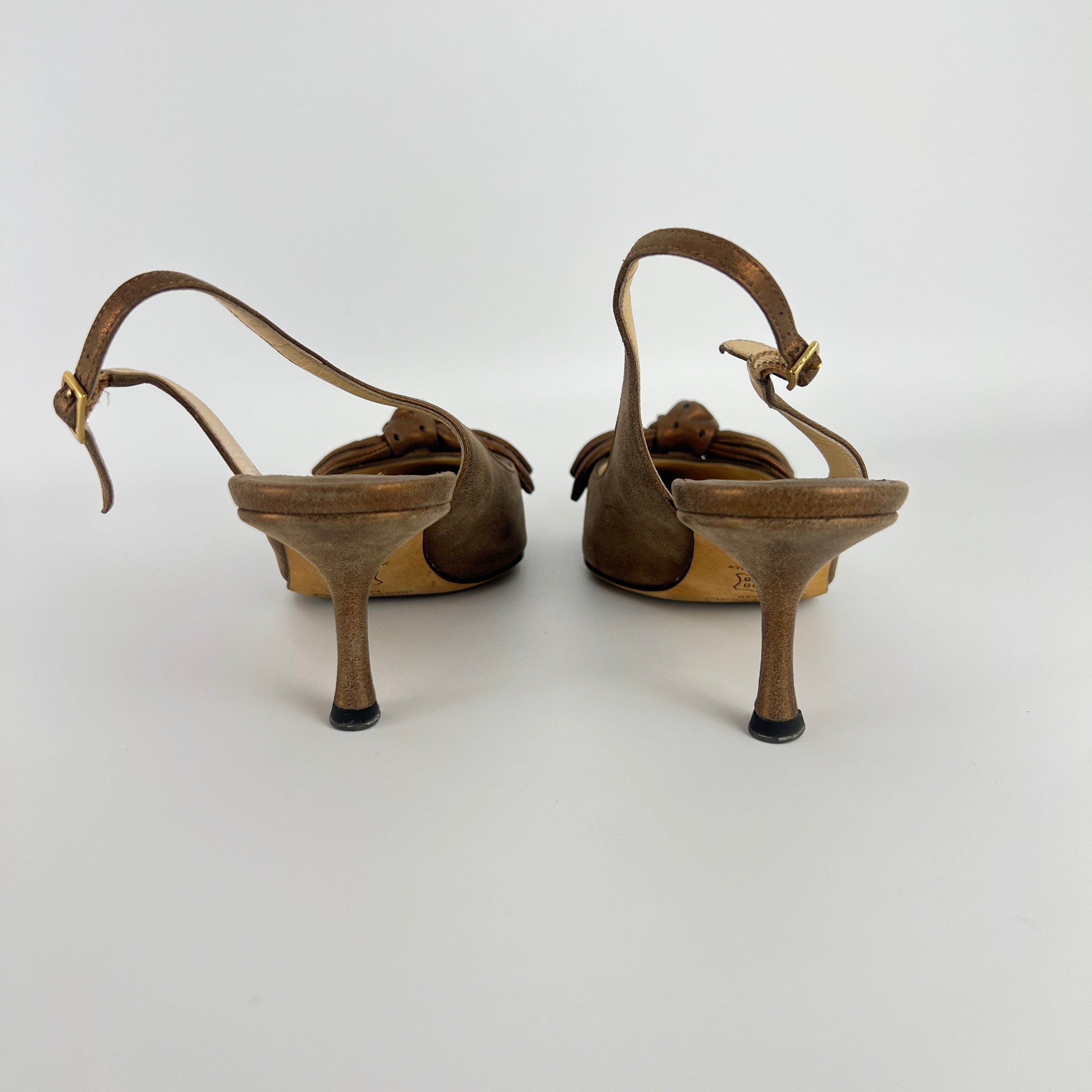 Jimmy Choo | Metallic Gold Bronze Leather Bow Slingback Stiletto Heels (37.5)