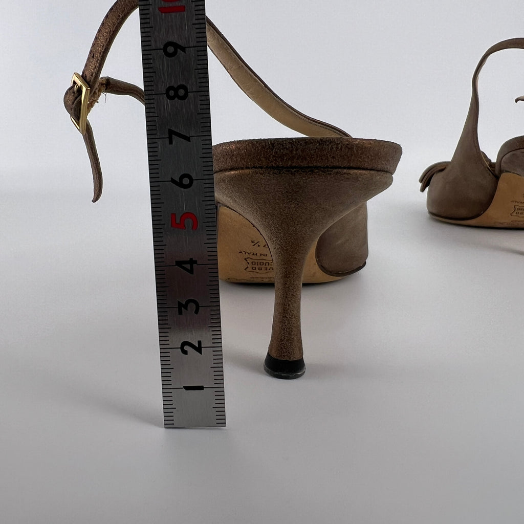 Jimmy Choo | Metallic Gold Bronze Leather Bow Slingback Stiletto Heels (37.5)