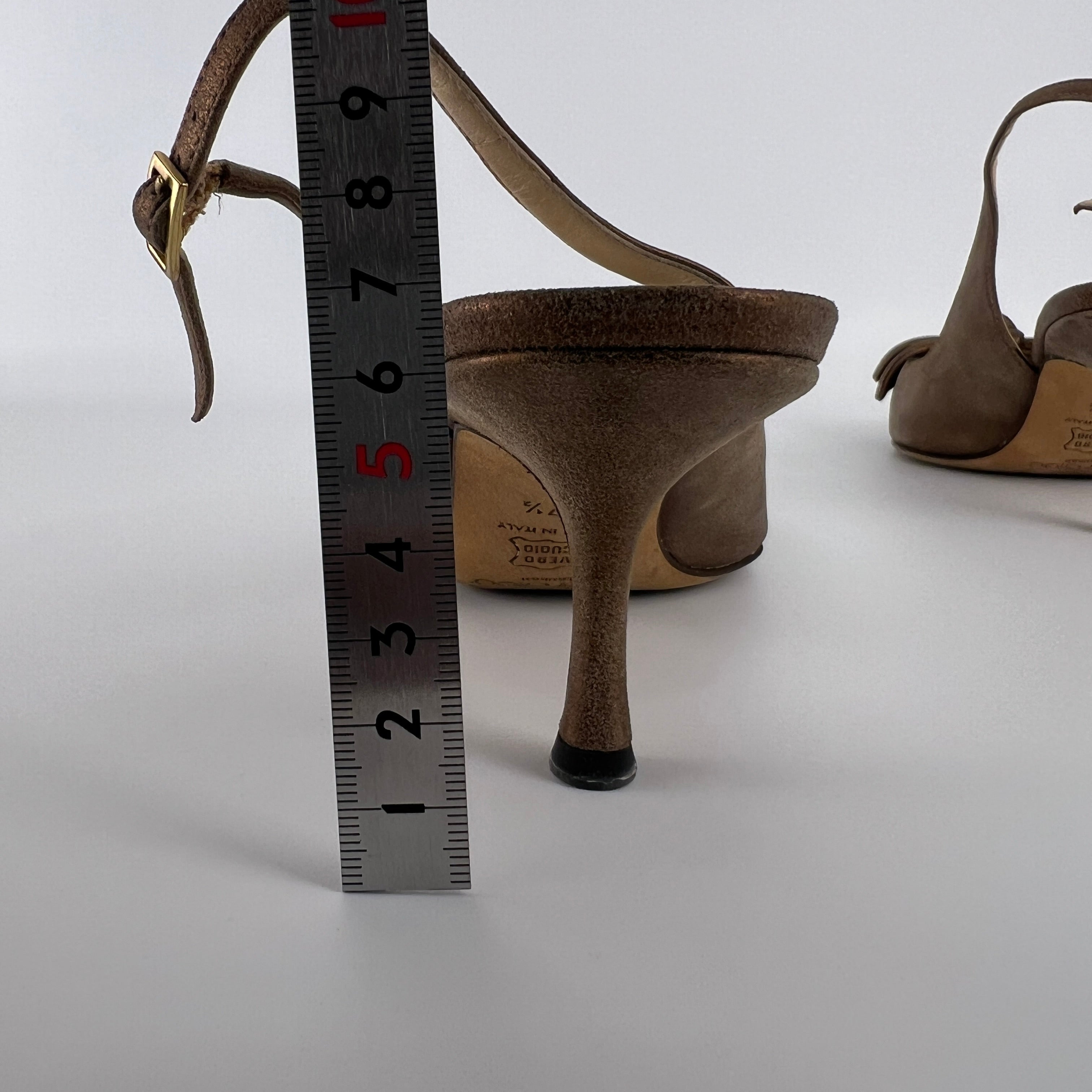 Jimmy Choo | Metallic Gold Bronze Leather Bow Slingback Stiletto Heels (37.5)