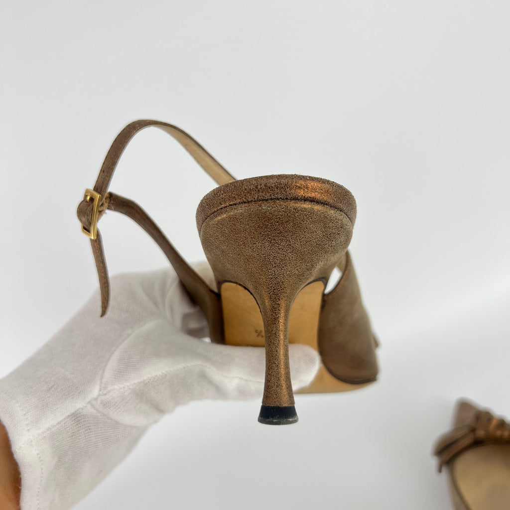 Jimmy Choo | Metallic Gold Bronze Leather Bow Slingback Stiletto Heels (37.5)