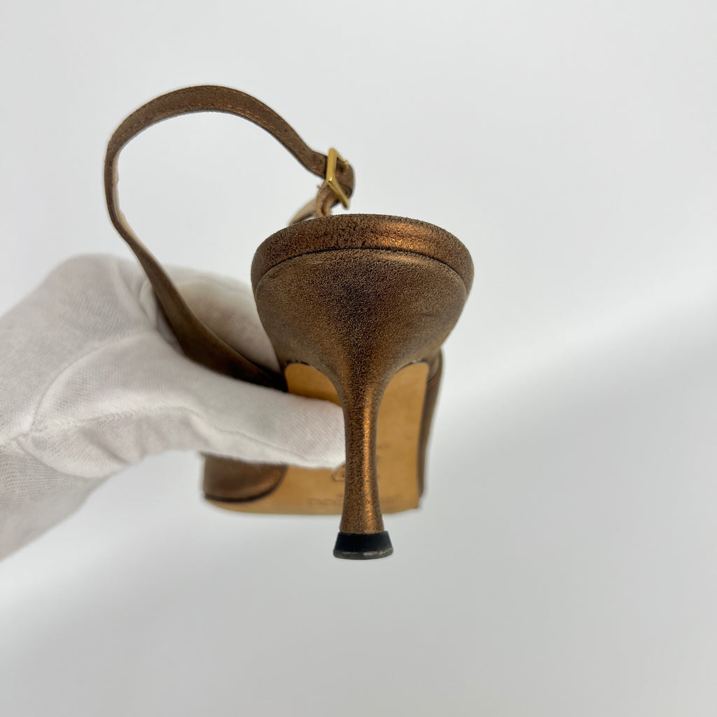 Jimmy Choo | Metallic Gold Bronze Leather Bow Slingback Stiletto Heels (37.5)