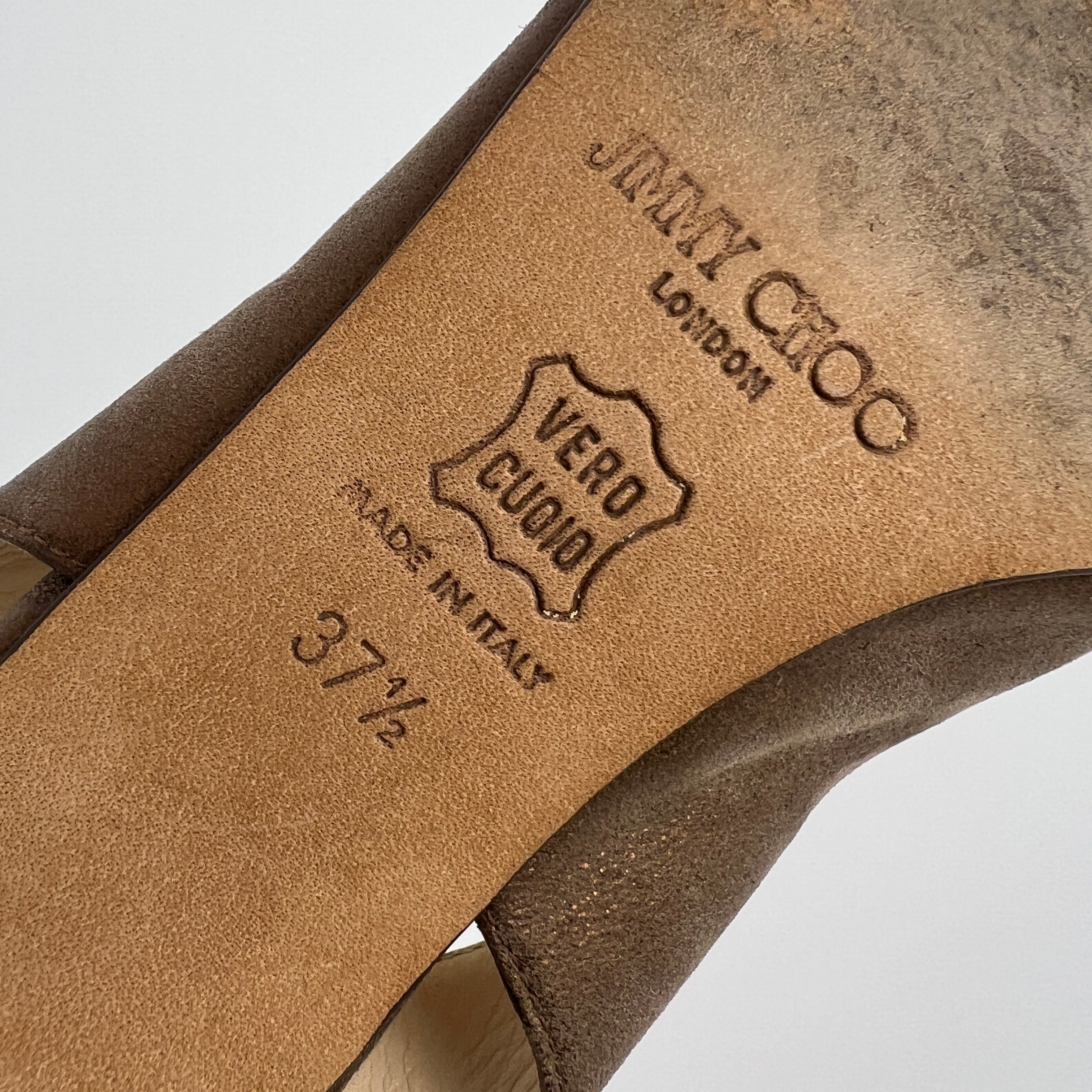 Jimmy Choo | Metallic Gold Bronze Leather Bow Slingback Stiletto Heels (37.5)